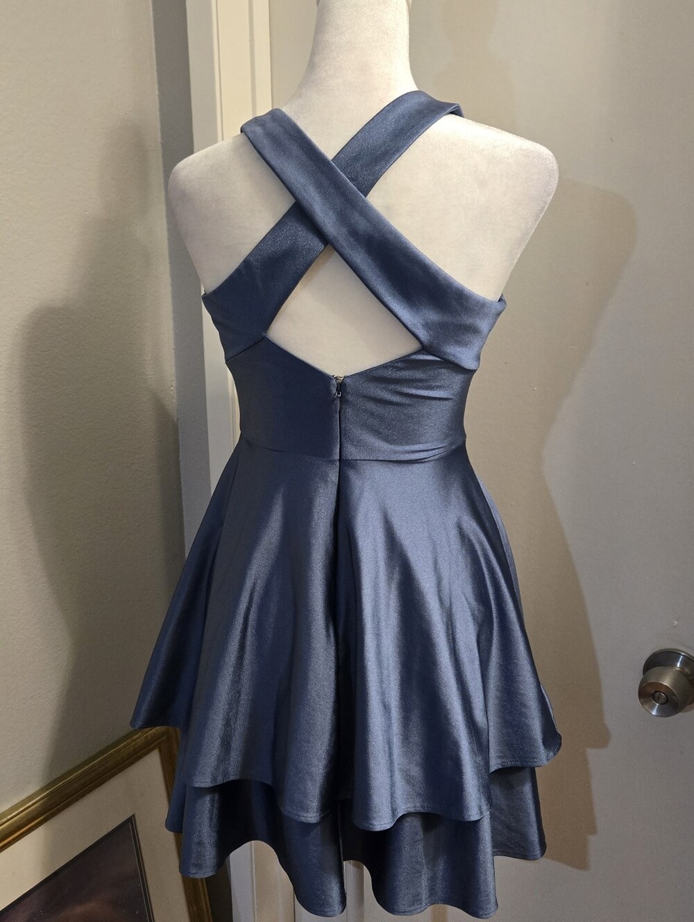 Jump Blue Sleeveless X-Back V neck Satin Fit Spandex Double Flare Mini Dress
